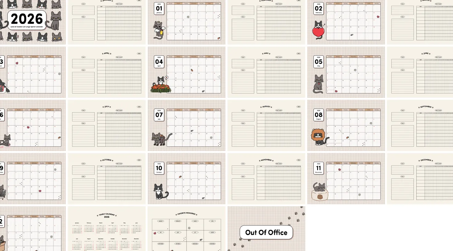 2026 Lana & Tuxedo Cat Large Spiral Calendar