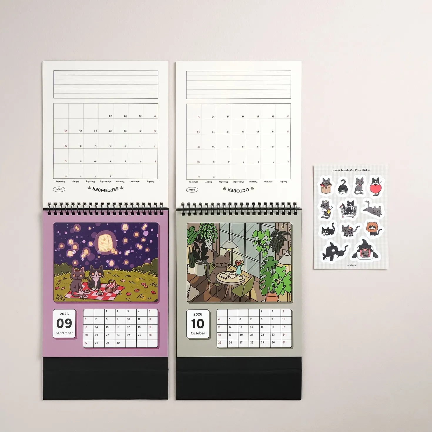 2026 Lana & Tuxedo Cat Large Spiral Calendar