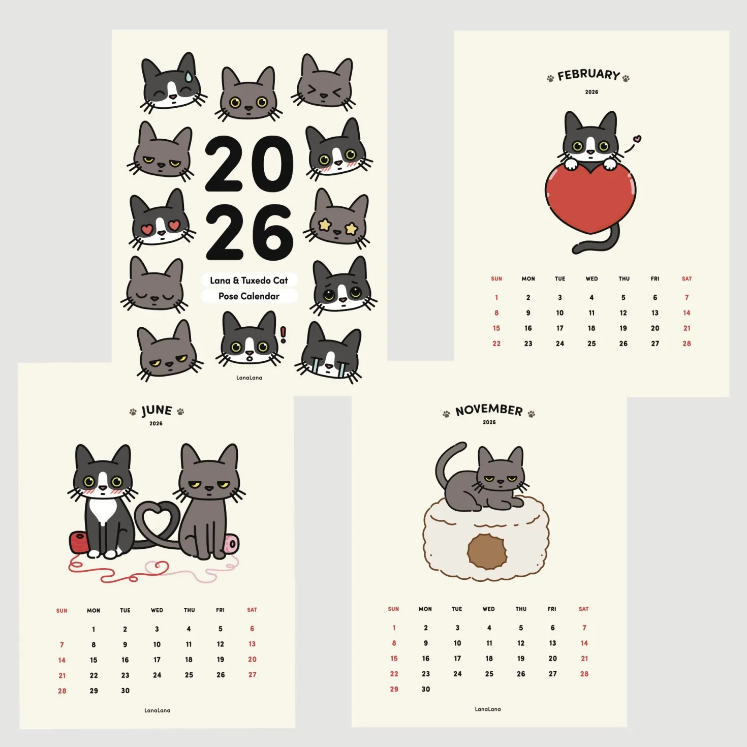 2026 Lana & Tuxedo Cat Wall Calendar